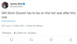 Jeremy Woo (Sports Illustrated): "GM Kevin Durant muss auf einem wackligen Stuhl sitzen nach diesem Spiel."
