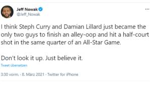 Jeff Nowak (NOLA.com): "Ich glaube, Stephen Curry und Damian Lillard sind soeben die einzigen beiden Spieler geworden, die in einem Viertel eines All-Star Games sowohl ein Alley-Oop abgeschlossen haben als auch einen Half-Court-Shot. Glaubt mir einfach."