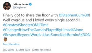 LeBron James (Los Angeles Lakers): "Endlich durfte ich den Court mit Stephen Curry teilen! Wurde auch Zeit und ich habe jede einzelne Sekunde geliebt!!"