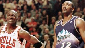 Platz 19: KARL MALONE | 40 Punkte | Utah Jazz | Am 01.02.1993 gegen die Chicago Bulls | Michael Jordan: 37 Punkte | UTA-CHI: 92-96