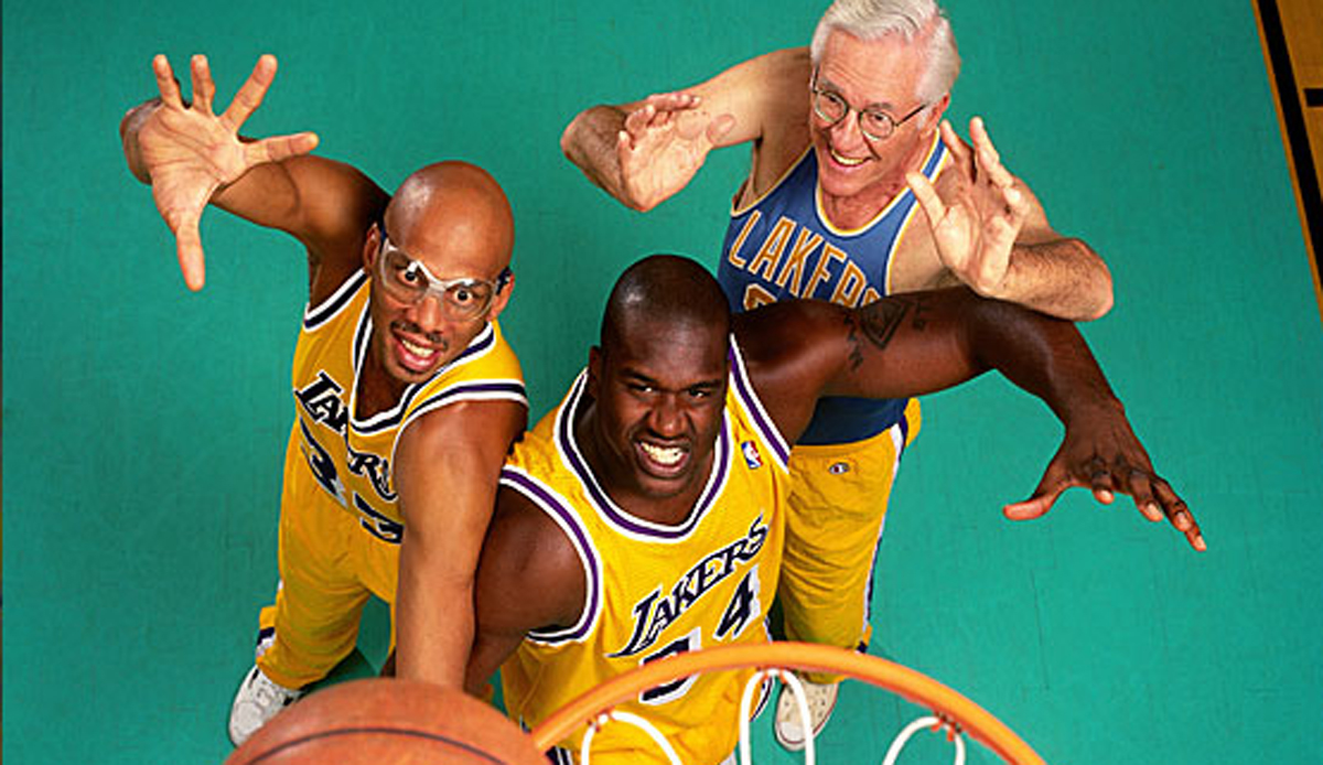 Shaquille O'Neal (M.), Kareem Abdul-Jabbar (l.) und George Mikan - wo landen die drei Lakers-Legenden im SPOX-Ranking der besten Center?