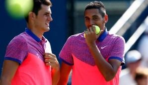NEW YORK, NY - AUGUST 27: Nick Kyrgios and Bernard Tomic of Australia play in a doubles match on Day Three of the 2014 US Open at the USTA Billie Jean King National Tennis Center on August 27, 2014 in the Flushing neighborhood of the Queens borough...