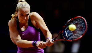STUTTGART, GERMANY - APRIL 18: Sabine Lisicki of Germany plays a backhand in her match against Timea Babos of Hungary during Day 1 of the Porsche Tennis Grand Prix at Porsche-Arena on April 18, 2016 in Stuttgart, Germany. (Photo by Dennis Grombkows...