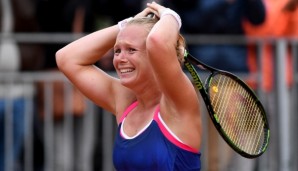 PARIS, FRANCE - MAY 28: Kiki Bertens of Netherlands celebrates victory during the Ladies Singles third round match against Daria Kasatkina of Russia on day seven of the 2016 French Open at Roland Garros on May 28, 2016 in Paris, France. (Photo by D...